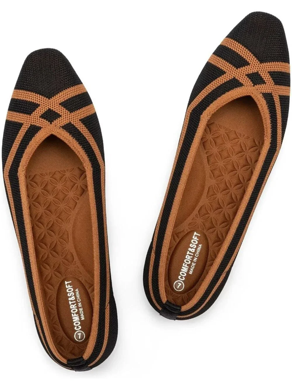 Frank Mully Women's Black Orange Rubber Knit Square Toe Comfortable Slip On Flat